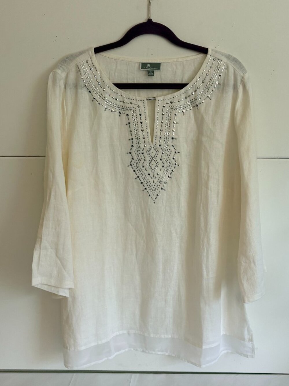 JM Collection Woman's White 100% Linen Sheer Hem Colar Silver Studs Tunic Sz XL